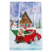 Pommerse hond in kerstcadeauwagen medium cadeauzakje (Achterkant)