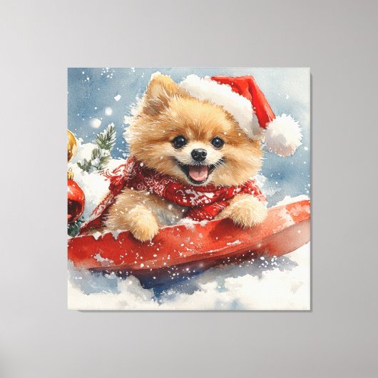 Pommerse Hond in Sledge Laat het Sneeuw Kerstmis Canvas Afdruk (Voorkant)