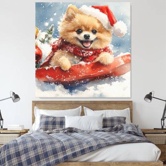 Pommerse Hond in Sledge Laat het Sneeuw Kerstmis Canvas Afdruk (Insitu (Slaapkamer))