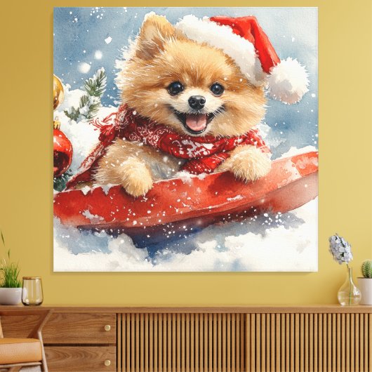 Pommerse Hond in Sledge Laat het Sneeuw Kerstmis Canvas Afdruk (Insitu (Woonkamer))