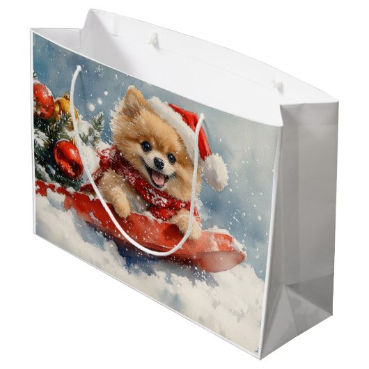 Pommerse Hond in Sledge Laat het Sneeuw Kerstmis Groot Cadeauzakje (Achterkant Gekanteld)