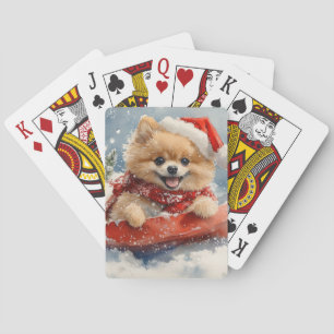 Pommerse Hond in Sledge Laat het Sneeuw Kerstmis Pokerkaarten