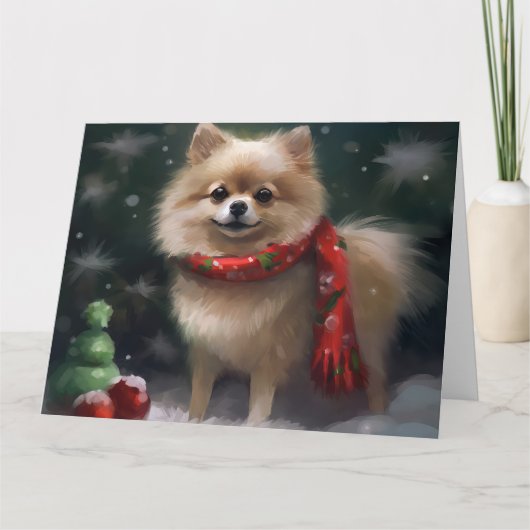 Pommerse Hond in Sneeuw Kerstmis Kaart (Voorkant)