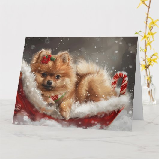 Pommerse Hond Kerstfeest Kaart (Gele Bloem)