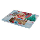 Pommerse hond op sneeuwkerstmis snijplank (Hoek)