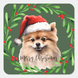 Pommerse Kerst Waterverf Dog Mailing Vierkante Sticker