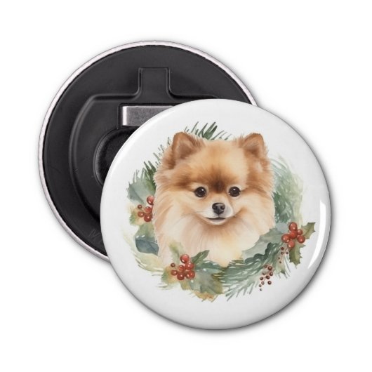 Pommerse Kerstkrans Feestelijke Pup Button Flesopener (Voorkant)