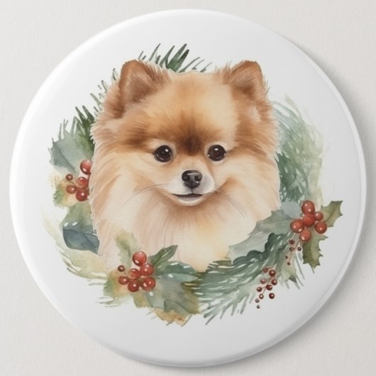 Pommerse Kerstkrans Feestelijke Pup Ronde Button 6,0 Cm (Voorkant)