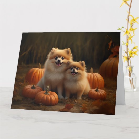 Pommerse Puppy Herfst Verrukking Pompoen Kaart (Gele Bloem)