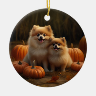 Pommerse Puppy Herfst Verrukking Pompoen Keramisch Ornament