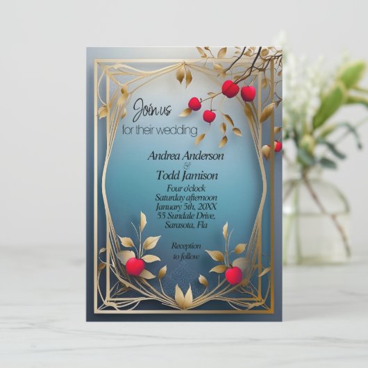 Pommes rouges or feuille faire-part de mariage (Debout devant)