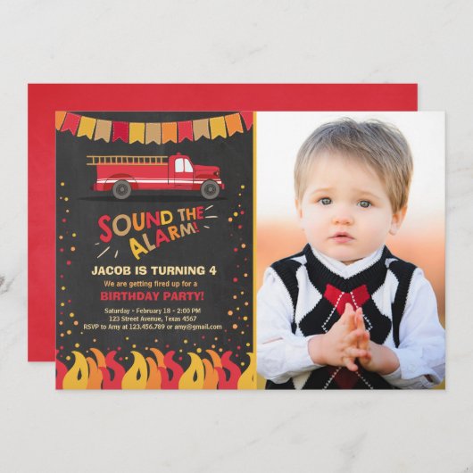 Pompier Camion Invitation Anniversaire Garçon (Devant / Derrière)