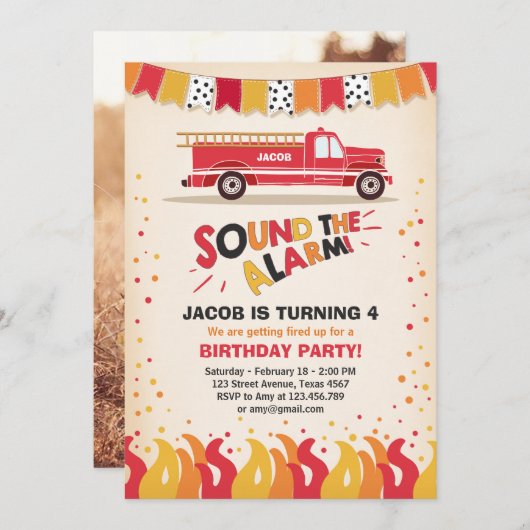 Pompier Camion Invitation Anniversaire Garçon (Devant / Derrière)