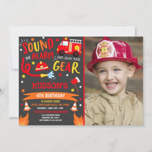 Pompier Invitation Anniversaire Fireman Party (Devant)