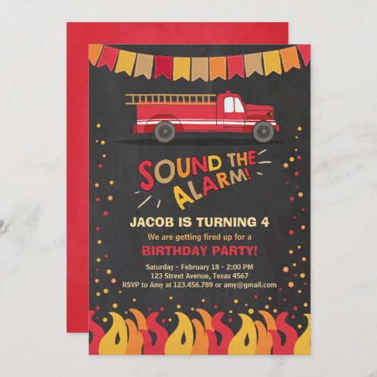 Pompier Pompiers Invitation d'anniversaire Garçon (Devant / Derrière)