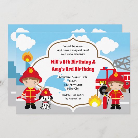 Pompiers Invitations d'anniversaire - Twins Joint (Devant / Derrière)