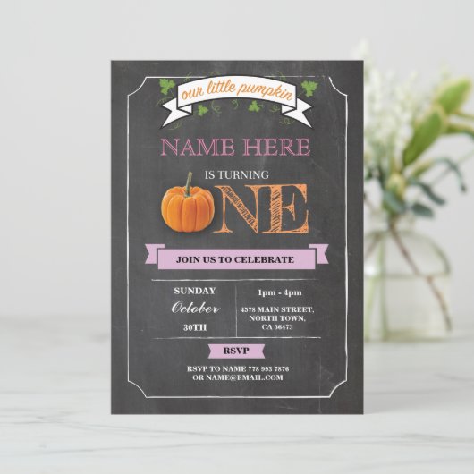 Pompoen 1e 1e 1e Verjaardagsfeest Chalk Uitnodigen Kaart (Staand voorkant)