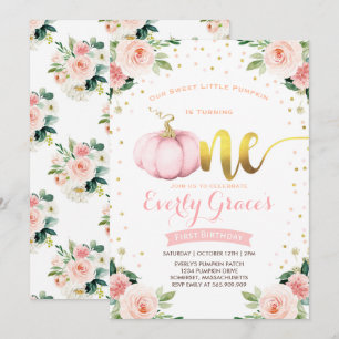 Pompoen 1e verjaardag Uitnodiging Blush Pink Gold