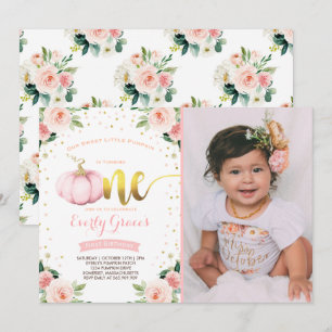 Pompoen 1e verjaardag Uitnodiging Blush Pink Gold
