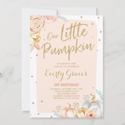 Pompoen 1e verjaardag Uitnodiging Blush Pink Gold (Voorkant)