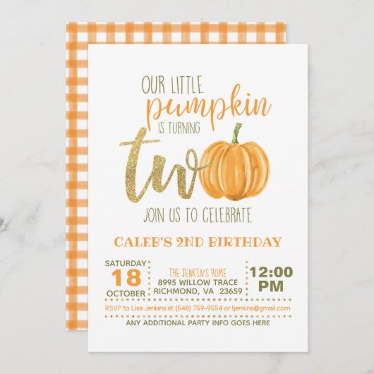 Pompoen 2e verjaardagsuitnodiging - Sinaasappel Pl Kaart (Voorkant / Achterkant)