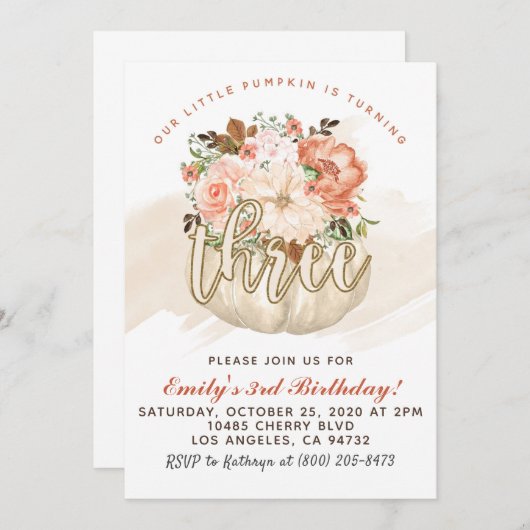 Pompoen 3e verjaardag uitnodiging (Voorkant / Achterkant)