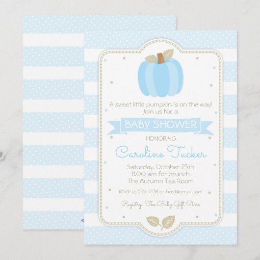 Pompoen Baby Boy Douche Uitnodiging - Blauwe Strep (Voorkant / Achterkant)