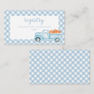 Pompoen Baby Shower blauwe geruite vrachtwagen ver Informatiekaartje