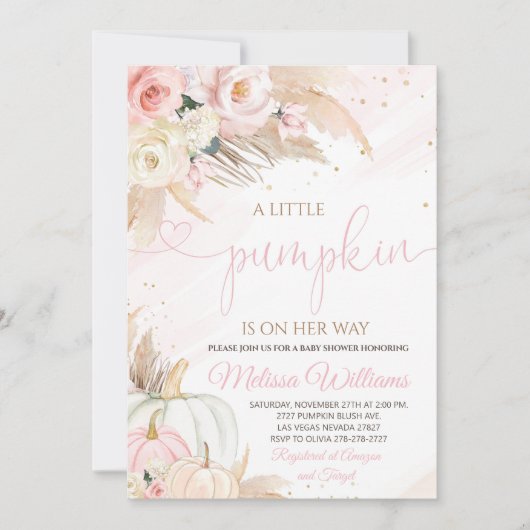 Pompoen Baby shower Uitnodiging Meisje, Boho Pampa (Voorkant)