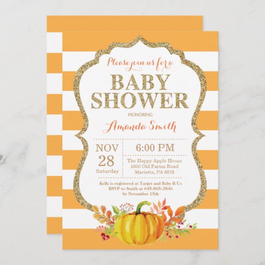 Pompoen Baby shower Uitnodiging Sinaasappel en Gou (Voorkant / Achterkant)