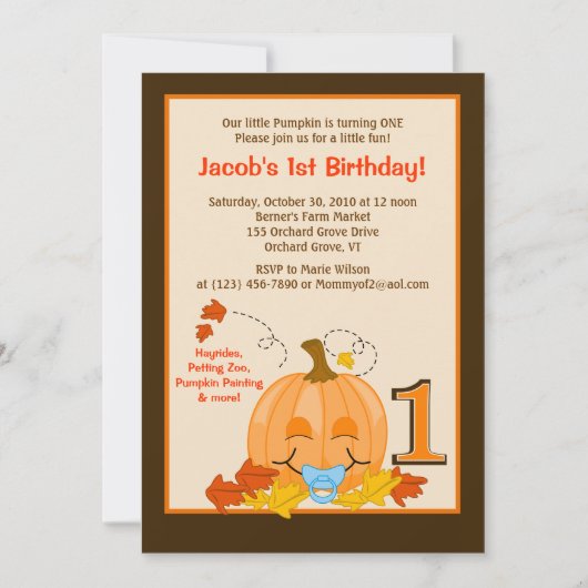 Pompoen Baby's 1e verjaardag Halloween 5x7 uitnodi Kaart (Voorkant)
