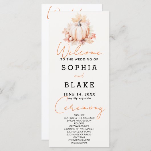 Pompoen & bladeren Herfst off wit bruiloft program (Voorkant / Achterkant)