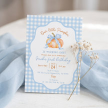 Pompoen Blauw Gingham Eerste Verjaardagsuitnodigin