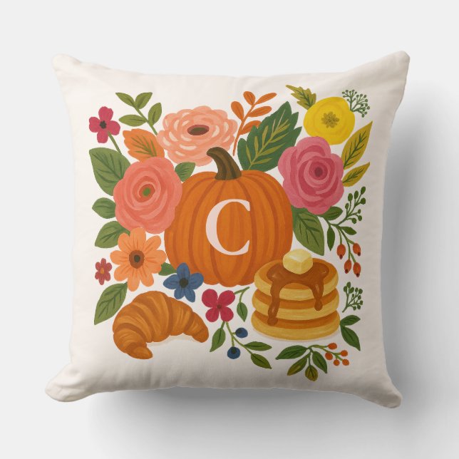 Pompoen Bloemige Monogram Worp Kussen (Voorkant)