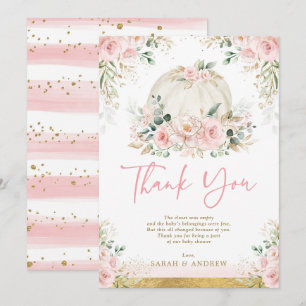 Pompoen Blush Roze Goud Bloemen Herfst Baby shower Bedankkaart