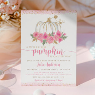 Pompoen Blush Roze Goud Bloemen Herfst Baby shower Kaart