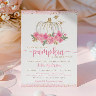 Pompoen Blush Roze Goud Bloemen Herfst Baby shower Kaart