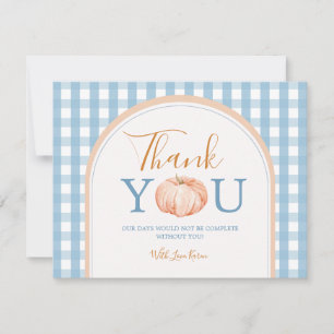 Pompoen Boho Blauwe Gingham 1e Verjaardag Bedankkaart