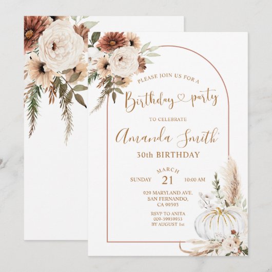 Pompoen Boho Boog Verjaardag 30e Dinnerparty Kaart (Voorkant / Achterkant)