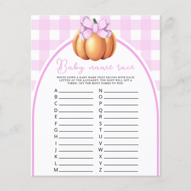 Pompoen boog baby shower Baby naam race spel (Voorkant)