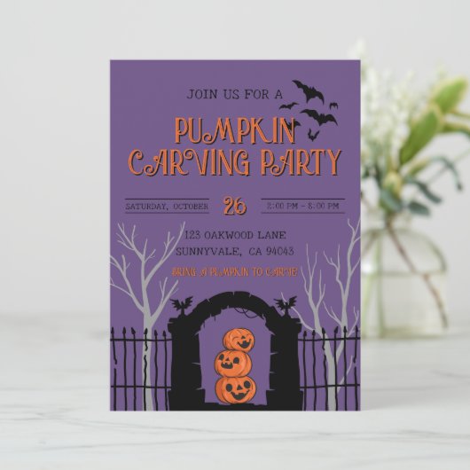 Pompoen Carving Party Spooky Herfst Kaart (Staand voorkant)