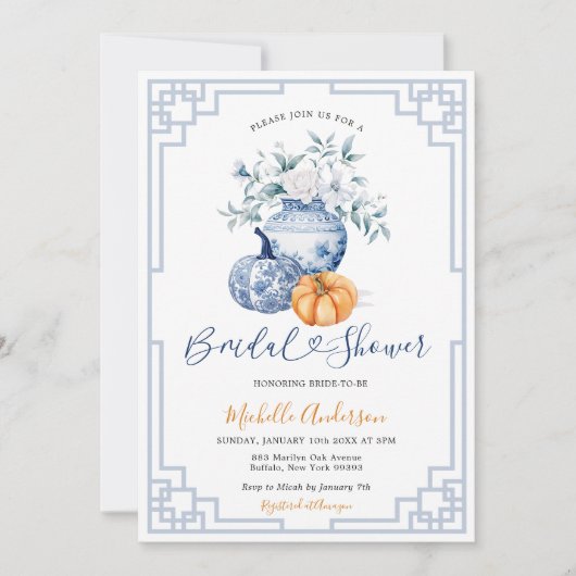 Pompoen Chinees Aardwerk Witte Bloem Pot Bruidscad Kaart (Voorkant)