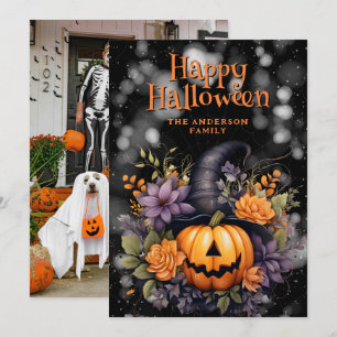 Pompoen dragen van een Pet Bloemen Foto Halloween Feestdagenkaart