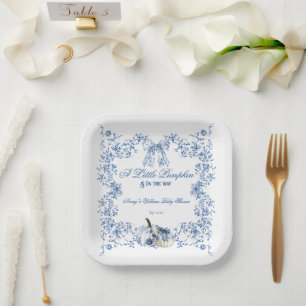 Pompoen Dusty Blue Whimsical Floral Baby shower Papieren Bordje