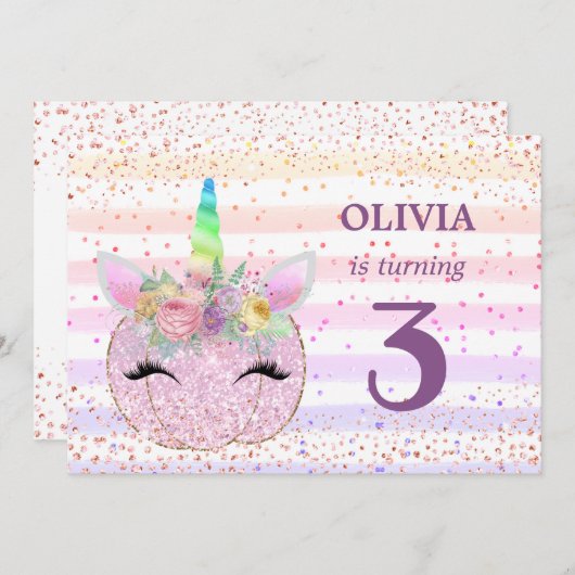 Pompoen Eenhoorn Meisjes 3e verjaardag Kaart (Voorkant / Achterkant)