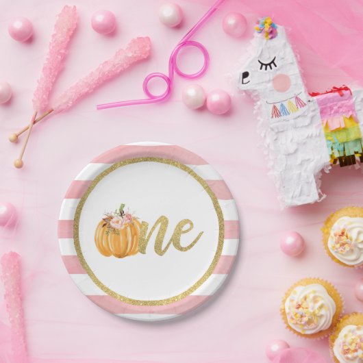 Pompoen eerste verjaardag Bord papier - roze strep (Feest)