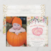 Pompoen eerste verjaardag uitnodiging Floral Gold (Voorkant / Achterkant)