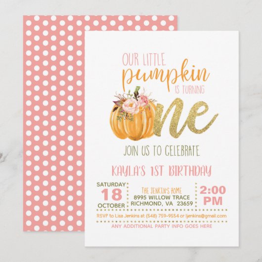 Pompoen eerste verjaardag uitnodiging - Meisje #2 (Voorkant / Achterkant)