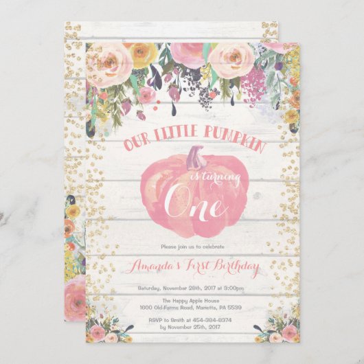 Pompoen Eerste Verjaardagsuitnodiging Bloem Goud Kaart (Voorkant / Achterkant)