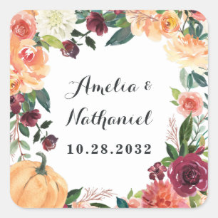 Pompoen Elegante Herfst Bloemen Rustieke Thema Bru Vierkante Sticker